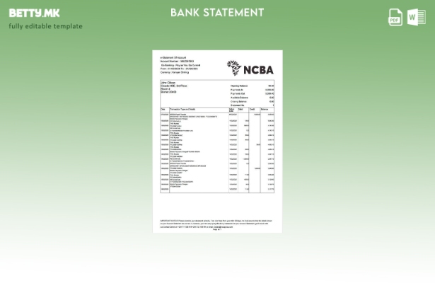 Модерен стил на кениска NCBA банка шаблон за извод на сметката